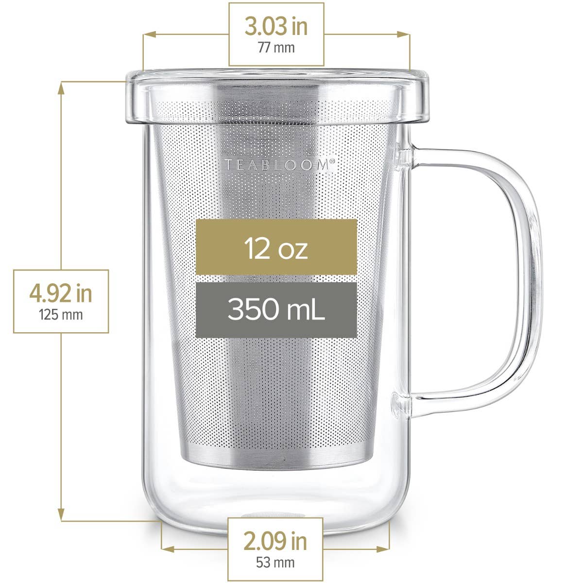 The Teabloom Balance Single-Serve Tea Maker is a 12 oz borosilicate glass mug with handle and stainless steel infuser for loose leaf tea. It measures 4.92" tall, with a 3.03" top and 2.09" base diameter (350 mL capacity).