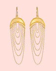 The Drape chain moon earrings feature a half-circle top and layered knife edge cable chains in 18kt gold plate, creating an elegant cascading effect with an intricate and striking design.