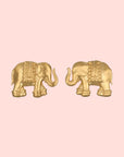 Elephant Stud Earrings: 18k gold plated, intricately detailed studs featuring two elephants facing each other, shown against a plain white background.