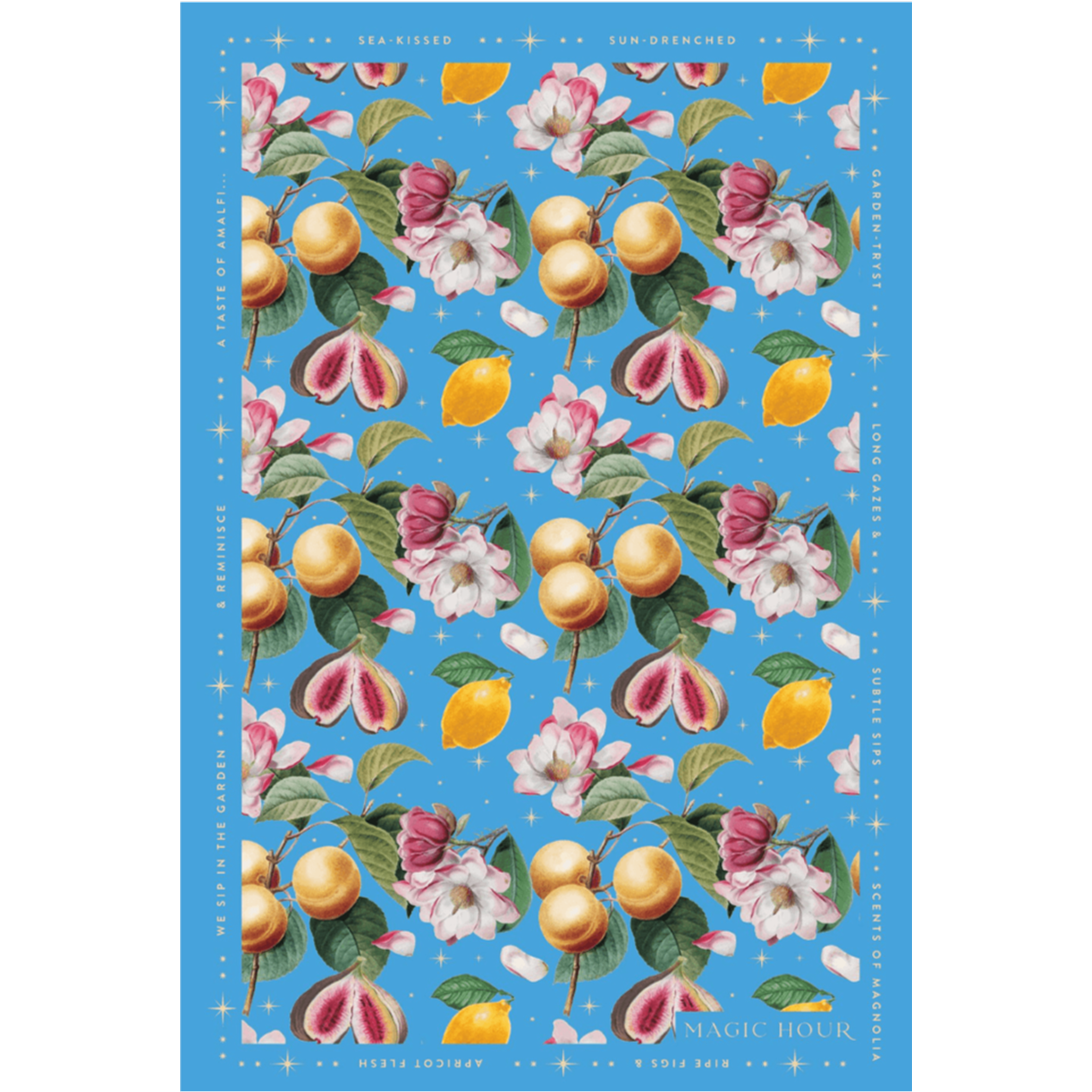 The Amalfi Tea Towel features a patterned design of citrus fruits, flowers, and butterflies on a blue background, capturing the enchanting essence of the Amalfi Coast. The words "Sea Kissed" and "Sun-Drenched" frame the edges, evoking refreshing ocean air.