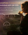 As the sun sets, a woman enjoys tea from a glass cup. Discover Seasonal Tea Club Subscription—luxurious, handpicked teas curated for women's wellness, sensory delight, and mindful rituals every season.