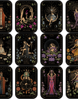 A captivating grid of twelve tarot cards from the Magic Hour Tarot Deck showcases intricate designs with mystical figures and symbols against a starry backdrop, featuring "The Magician," "The Lovers," "The High Priestess," and more.
