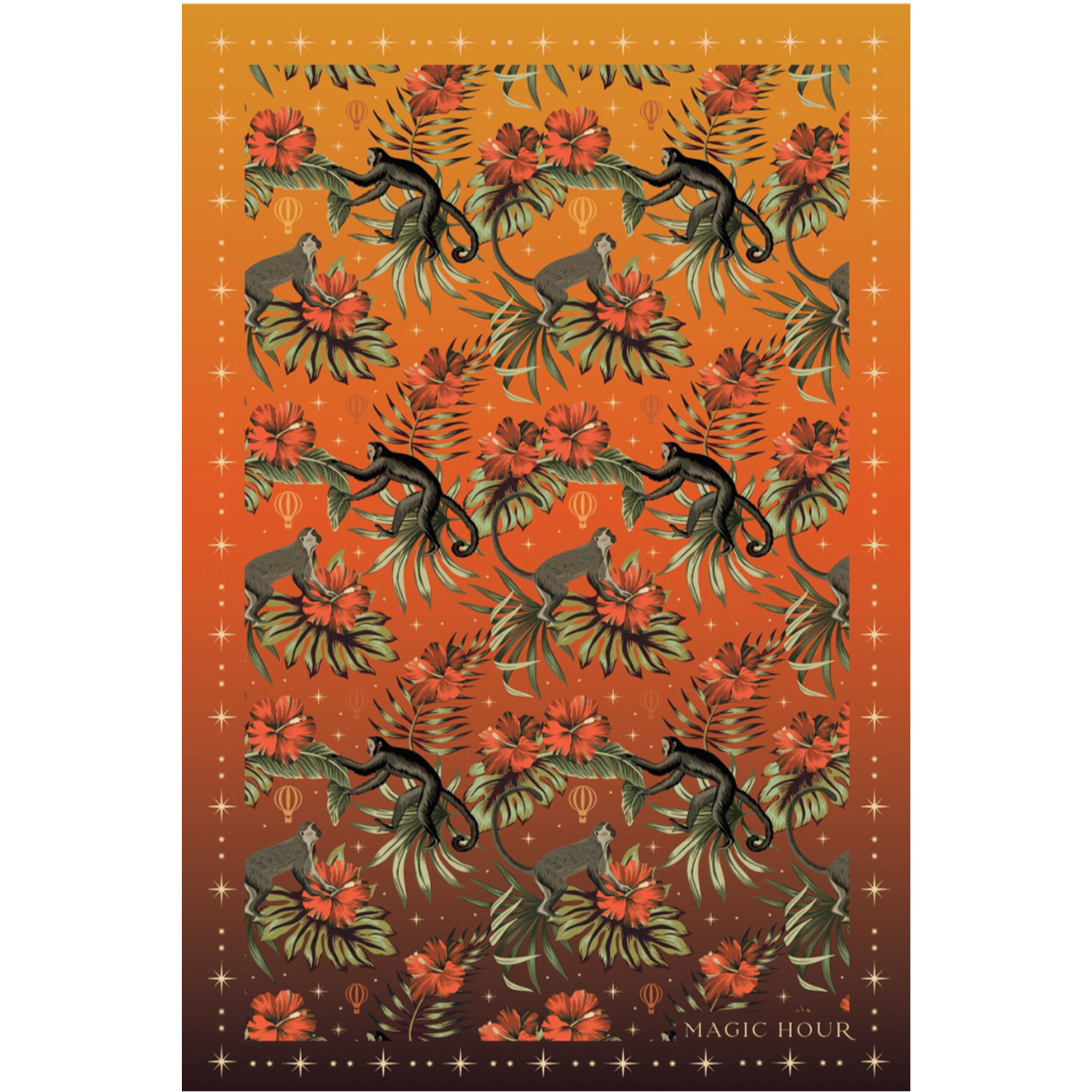 The Bali Bliss Tea Towel showcases an artistic illustration of leopards sneaking through tropical foliage, accented by pink flowers and greenery. The background transitions from orange to dark brown, enriched with gold decorative stars and geometric shapes, creating a paradise essence.