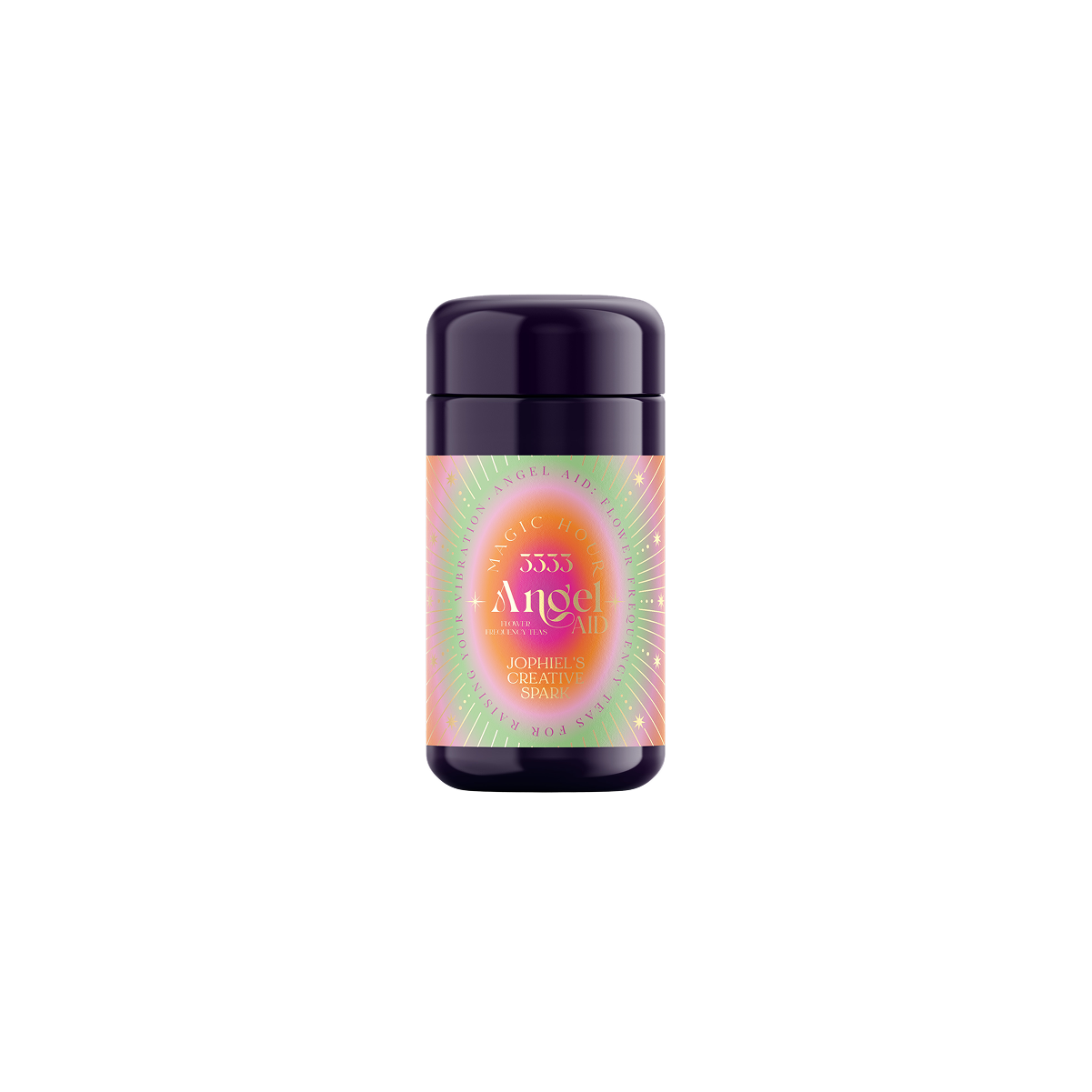 The product "333: Mango-Lemon Balm-Rose Herbal Tea with Passionflower" is presented in a vibrant package that features an enchanting, radiant label. The tea offers a blend that embodies creative manifestation and divine innovation in its magical design.