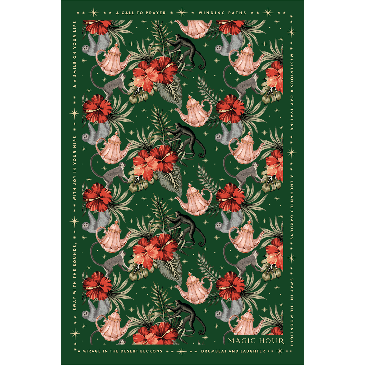 The Marrakesh Tea Towel features a green tapestry design with red flowers, pink teapots, vines, and black panthers. It includes inspirational phrases like "A Call to Prayer" and "Magic Hour," with golden stars accenting the border.