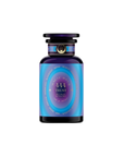 A purple perfume bottle named "444: Sachiel's Prosperity," adorned with celestial symbols and "Magic Hour," evokes spiritual elegance. Its circular design, reminiscent of the Crown Chakra, features a black and gold cap against a mysterious black background.