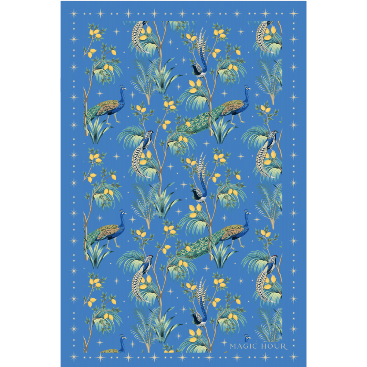 Featuring peacocks and yellow flowers on a blue background, complemented by lush green foliage and elegant lines, the "Sri Lankan Sunrise Tea Towel" displays the text "Magic Hour" in a design that elevates any tea ceremony with its harmonious and intricate style.