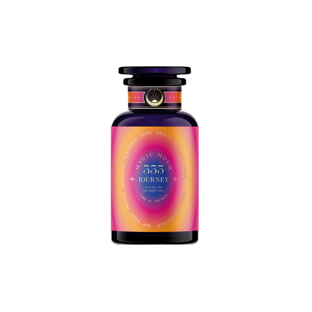 A dark perfume bottle labeled "555" features a gradient pink and orange design with words like "Harmony, Sing, Align." It has a gold-rimmed cap, an emblem near the top, and is set against a black background.
