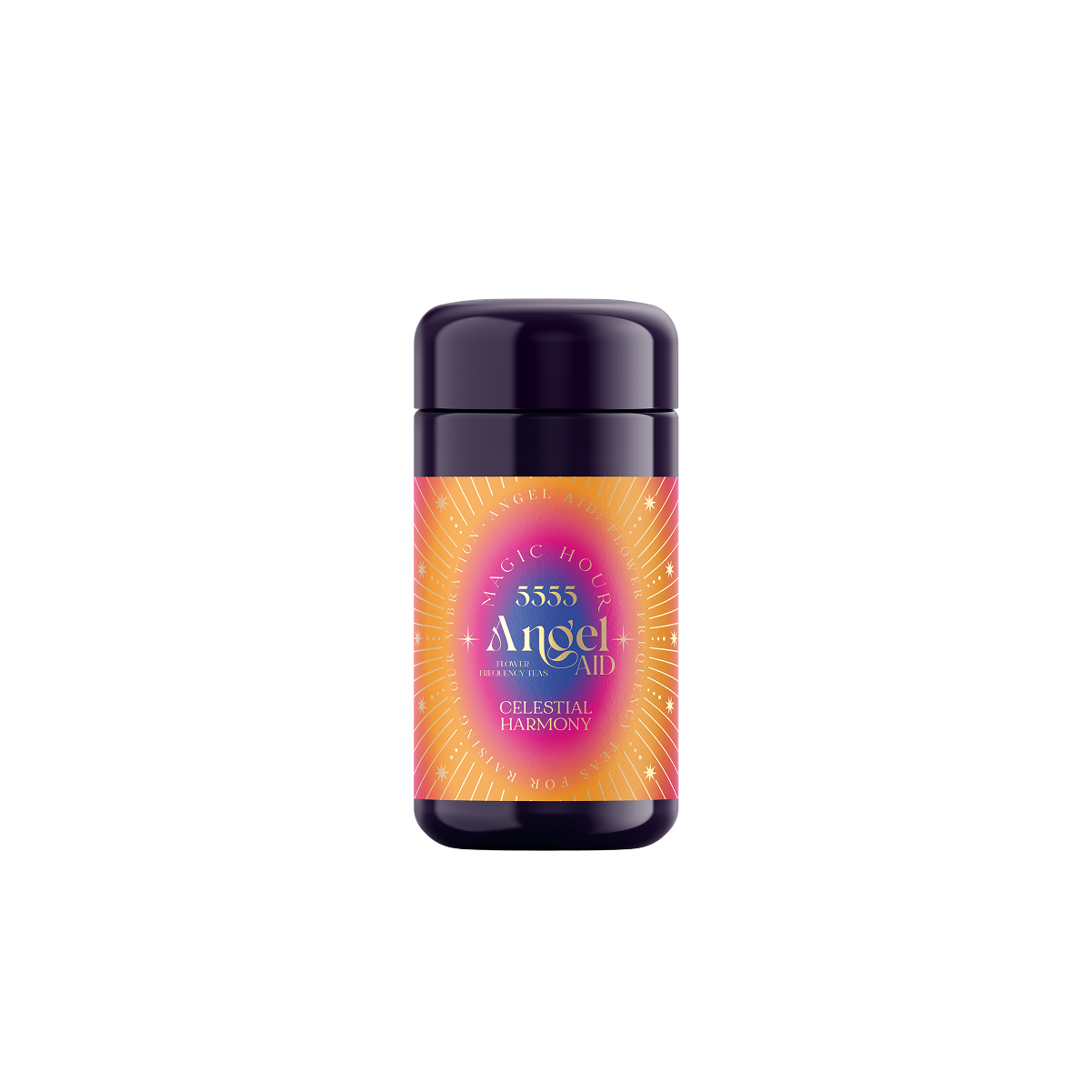 A purple cylindrical container of 555 Angel Aid Magic Hour, featuring an orange and pink starburst label, reads "Angel Aid Magic Hour Celestial Harmony.