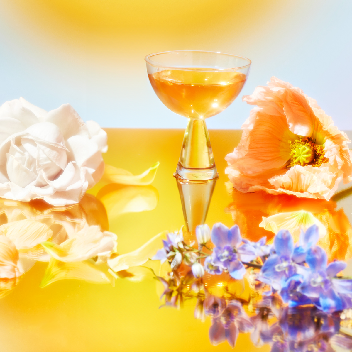 A glass of orange liquid is surrounded by a white rose, an orange poppy, and blue flowers on a reflective surface. This echoes the charm of our Flower Power Mother's Day Mystery Box, set against a warm yellow gradient radiating bliss.