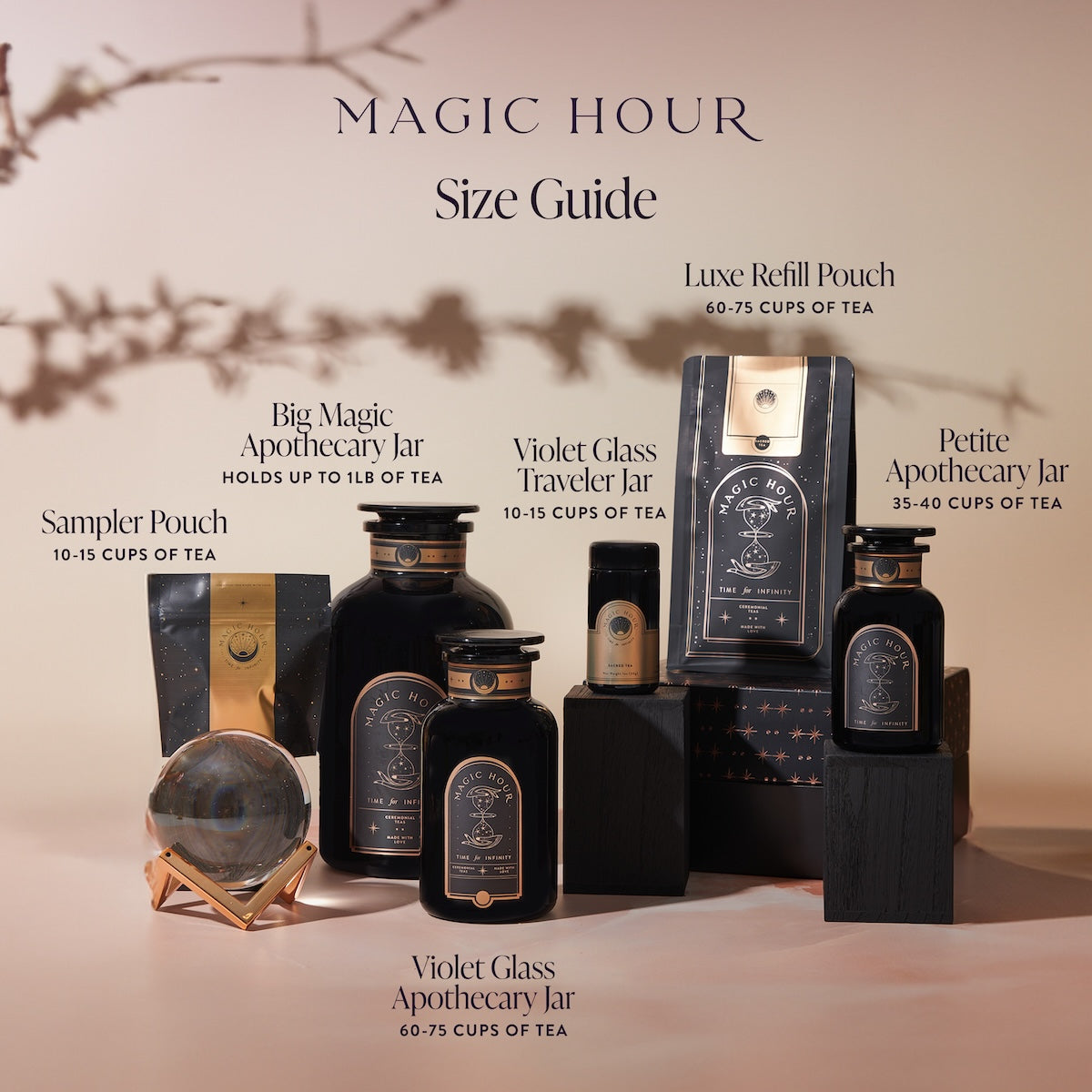 Magic Hour's Cancer: Queen of Cool Mango-Ginger-Cream White Tea packaging options on display. Includes Sampler Pouch (10-15 cups), Big Magic Apothecary Jar (holds up to 1lb of loose leaf tea), Violet Glass Apothecary Jar (60-75 cups), Luxe Refill Pouch (60-75 cups), Violet Glass Traveler Jar (10-15 cups), Petite Apothecary Jar.