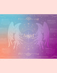 Radiant gradient poster featuring two mirrored angels at the center, surrounded by mystical symbols, numbers like 111 and 222, and text inspired by a calming tea ceremony. Created for the Beauty Inside & Out Box.