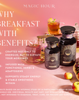 A promotional image for Blood Sugar Balance: Breakfast with Benefits shows two bottles and a glass of Assam Black Tea on a table, with pink text highlighting energy, herbs, adaptogens, and steady energy. Teapots and cups appear in the background.