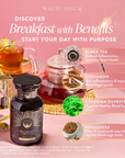 A jar of "Blood Sugar Balance: Breakfast with Benefits" tea blend with Assam Black Tea, Cinnamon Spice, and Gymnema Sylvestre is shown beside a teapot, cup, and flowers on a pink background.