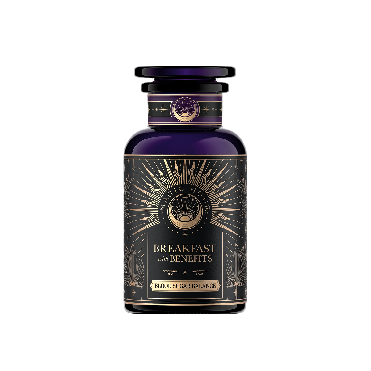 The dark purple "Breakfast with Benefits: Blood Sugar Balance" bottle from Organic House showcases golden rays and a crescent moon, hinting at its Sugar Destroyer power. Its elegant design evokes fine Yunnan Black Tea ceremonies.