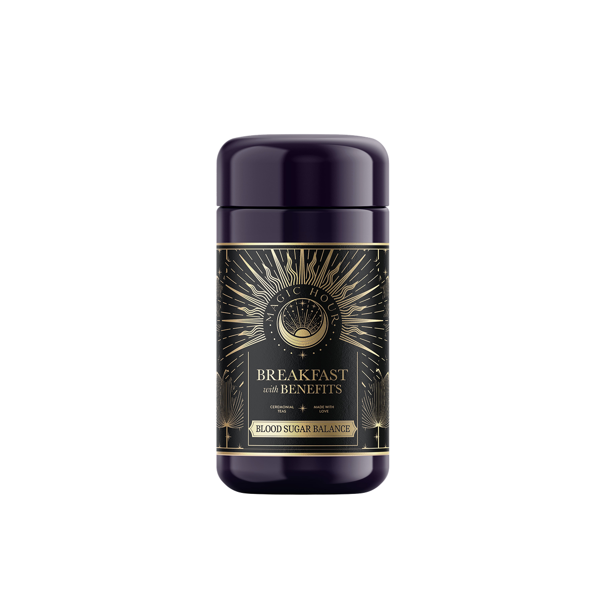 The product "Breakfast with Benefits: Blood Sugar Balance" features a dark jar with a sunburst design in black and gold, accented by an emblem that suggests the magic of Gymnema Sylvestre, ideal for those seeking natural balance.