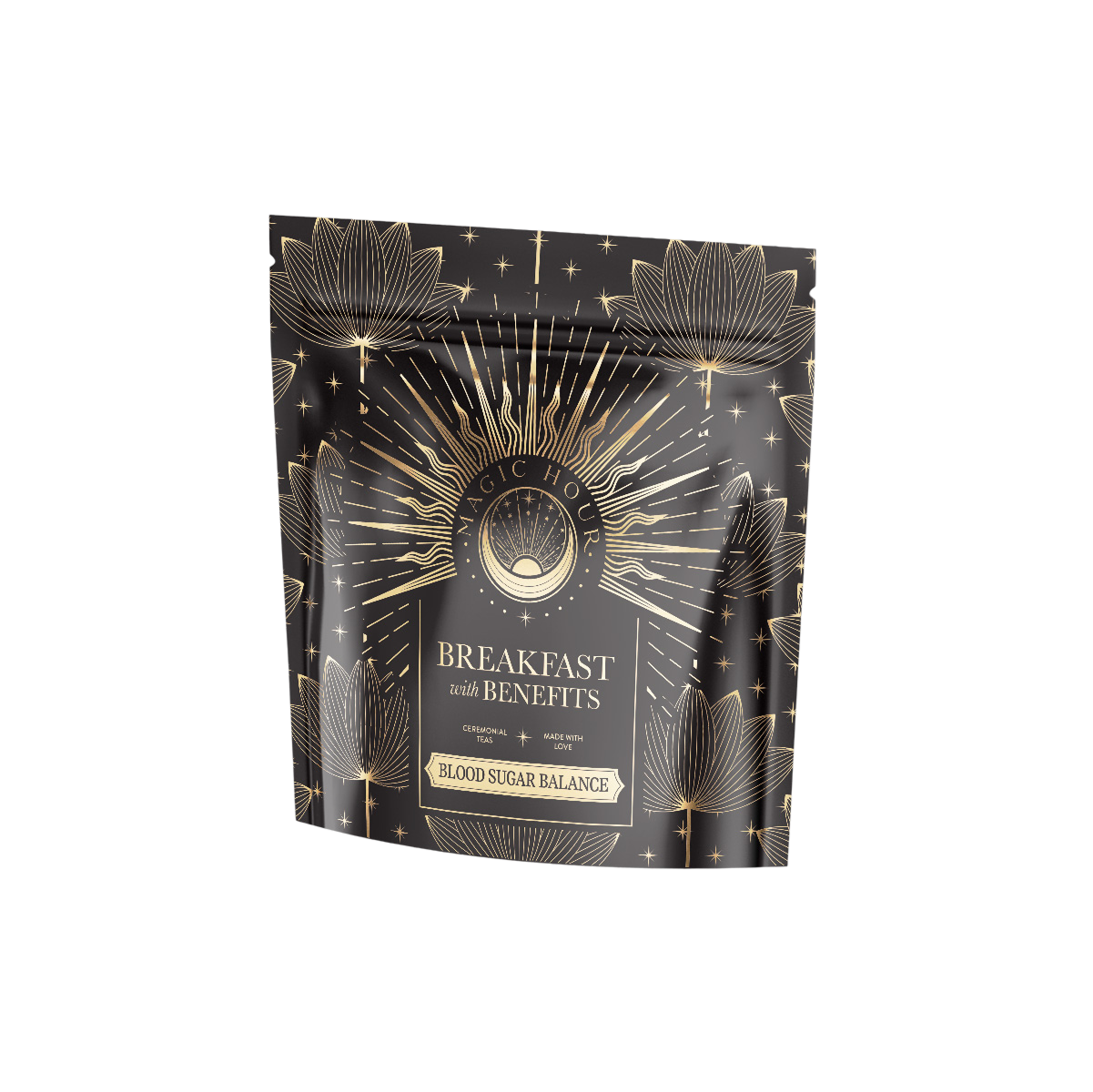 A black pouch labeled "Breakfast with Benefits: Blood Sugar Balance" features gold floral designs, highlighting Gymnema Sylvestre and Assam. A circular logo enhances the luxurious allure of this sealed package.