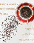A glass cup of red tea, viewed from above, holds loose leaf Bohemian Breakfast Black Tea in a metal infuser. Spilled tea leaves scatter on the white surface. The image's text reads: "BOURBON VANILLA POMEGRANATE SUNSHINE" and "DIGESTION METABOLISM HEALTHY HEART." This Bohemian Breakfast Black Tea 3-Month Supply is a perfect coffee alternative.