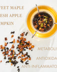 A cup of tea with a blend of sweet maple, fresh apple, and pumpkin pieces. The organic loose leaf tea is shown steeping with some scattered beside it. Words stating "METABOLISM," "ANTIOXIDANT," and "ANTI-INFLAMMATORY" are displayed. Discover the Magic Hour Capricorn: Maple Oolong Tea experience today.