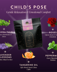 A package labeled "Sleep Tea Subscription" sits on a purple background, surrounded by images and descriptions of Krishna tulsi, roses, lavender blossoms, peppermint, and tangerine oil—herbs known for supporting sleep and reducing stress.