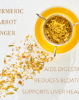A top view of a glass containing an orange liquid garnished with turmeric, carrot, and ginger pieces, slightly spilled on the white surface. Text on the image highlights benefits: "Aids Digestion," "Reduces Bloating," and "Supports Liver Health." Experience the enchantment of Citrine Cleanse™ Herbal Tea by Magic Hour.