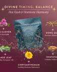 A pouch labeled "Perimenopause/Menopause Support Tea Subscription" features red clover, dong quai, sage leaf, chrysanthemum, and shatavari—herbs supporting hot flash relief and hormone balance for menopause wellness.