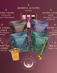 The Perimenopause/Menopause Support Tea Subscription features four vibrant tea packets, a gold strainer, a gold scoop, and an hourglass on a purple-to-burgundy background with sparkles and wellness labels like stress relief and hormonal balance.