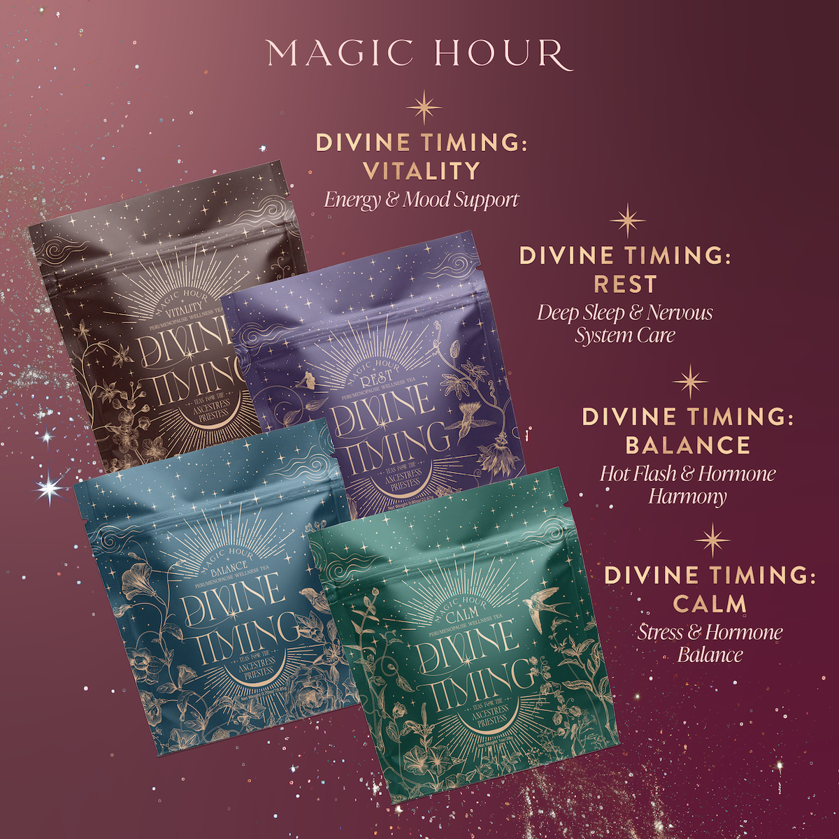 Four vibrant Perimenopause/Menopause Support Tea Subscription packages—Vitality, Rest, Balance, and Calm—are displayed on a starry background, each supporting mood, sleep, hormonal balance, and stress relief.