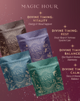 Four vibrant Perimenopause/Menopause Support Tea Subscription packages—Vitality, Rest, Balance, and Calm—are displayed on a starry background, each supporting mood, sleep, hormonal balance, and stress relief.