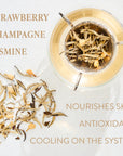 Top-down view of a glass teacup with steeped light-colored organic tea and loose leaf tea scattered around it. The words "STRAWBERRY, CHAMPAGNE, JASMINE" are on the left, while "NOURISHES SKIN, ANTIOXIDANT, COOLING ON THE SYSTEM" are on the right. Experience the Magic Hour Diamond - Champagne & Strawberry Jasmine White Tea for Beautiful Skin moment.
