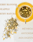 A cup of yellow tea viewed from above, with green tea leaves and pineapple pieces inside. Loose leaf tea and pineapple pieces are scattered on the table. Text on the image reads "Emerald - Cherry Blossom Pineapple Cream Green Tea, Earthy Matcha, Metabolism, Antioxidant, Aids Digestion." Experience the charm of Magic Hour.