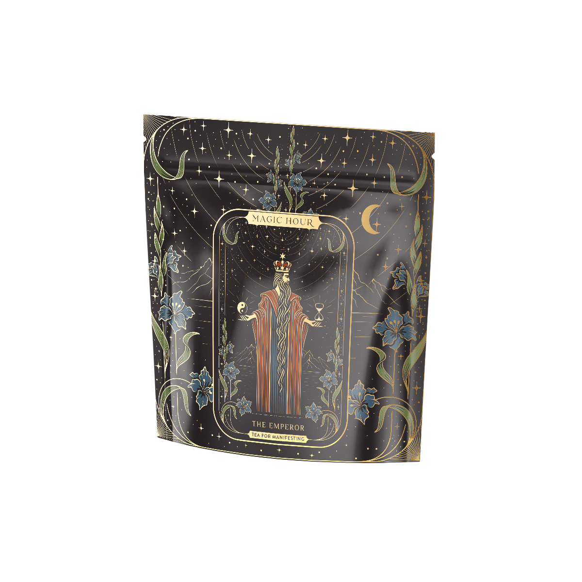 A black packaging bag showcasing a tarot card design labeled "The Emperor," featuring a robed, crowned figure with outstretched hands, encircled by an elaborate celestial-themed border adorned with stars, moons, and floral elements. Ideal for inclusion in your Monthly Magic First Sips Tea Subscription Box from Magic Hour Medicinal Herbal Wellness Teas.