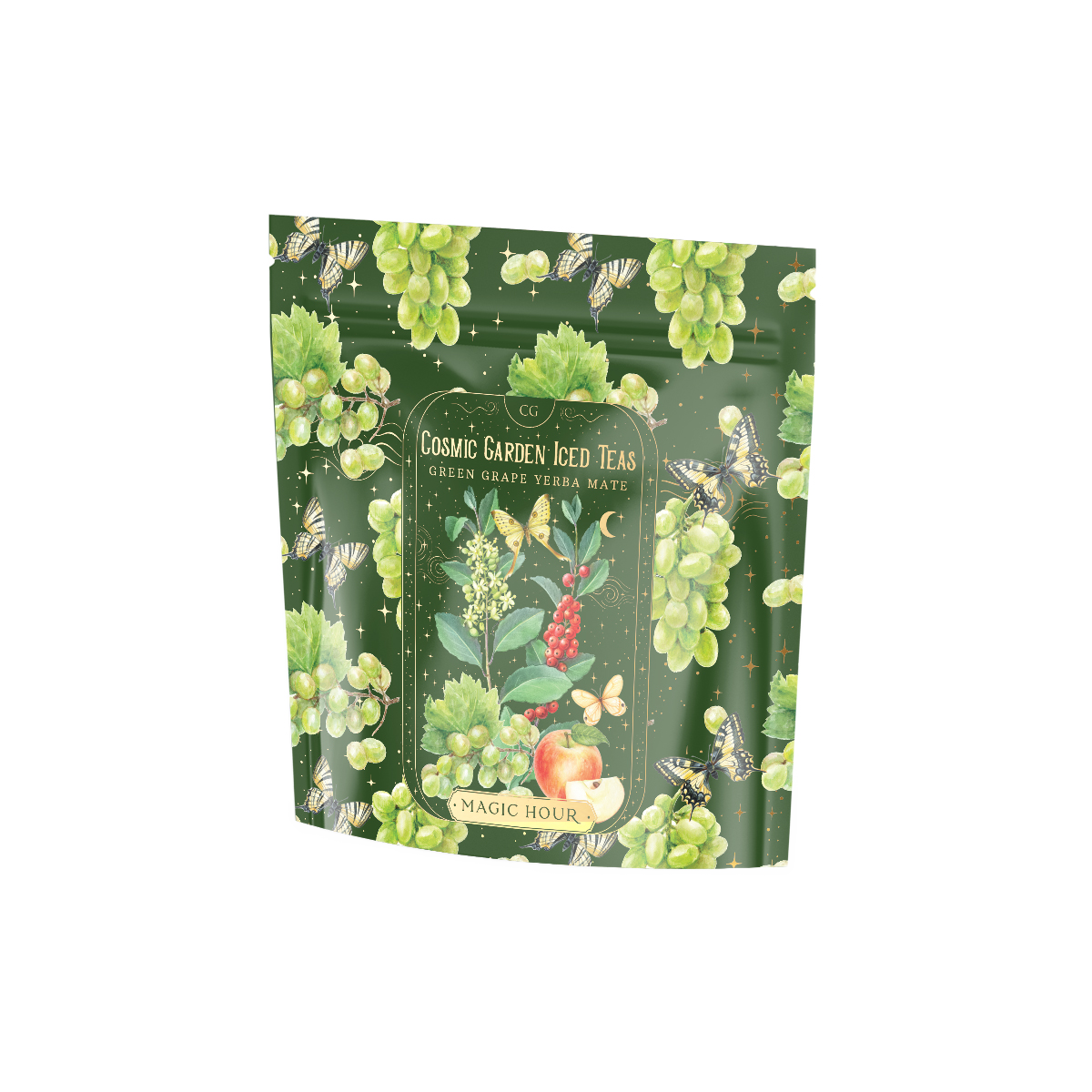 A green and floral-themed tea packaging labeled "Green Grape Yerba Mate: Cosmic Garden Iced Tea" with a subtitle "Green Grape Yerba Mate." The design features illustrations of flowers, grapes, bees, and fruits. The brand "Magic Hour" is displayed at the bottom, highlighting its organic loose leaf tea.