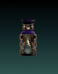A decorative dark glass bottle labeled "Persephone's Potion: Pomegranate & Jasmine Green Tea" features ornate floral designs and an elegant woman, set against a black-to-green gradient—evoking the allure of its unique tea elixir.