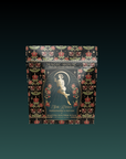 A decorative pouch of Persephone's Potion: Pomegranate & Jasmine Green Tea features ornate florals and a seated woman with a moon, blending artistry and wellness in this immunity-boosting tea.