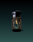 A black bottle labeled "Persephone's Potion: Pomegranate & Jasmine Green Tea" with ornate gold and floral designs, featuring a woman in a classical pose, offers immunity support tea against a dark, gradient background.