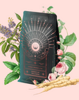 A dark green package labeled "Queen of Wellness: Women's Hormone Balancing Tea for PMS, Healthy Cycles & Menopause" sits among illustrated flowers and ginseng roots on pale pink, highlighting organic herbal tea for women's reproductive wellness.
