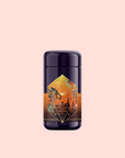 A dark purple cylindrical bottle with an amber and black geometric label showing botanical illustrations suggests Bali Bliss: Coconut-Lime & Ginger-Melon White Tea, set against a plain light pink background.
