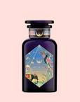 Sri Lankan Sunrise features a dark purple perfume bottle with a colorful geometric label adorned with botanical roses, rose petals, leaves, stars, and a crescent moon on a pale pink background.
