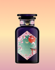 A dark purple perfume bottle labeled "Queen of Kyoto" features Japanese Cherry Blossom, red and white parasols, and a pagoda on a pastel gradient background.