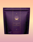 The "Tulum Horchata Chai" pouch displays gold stars and a celestial design, suggesting an adaptogenic wellness potion, all set against a gradient background shifting from peach to pink.
