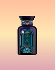 A luxurious, dark perfume bottle with geometric blue-green accents and a decorative label displays "Aquamarine Dream - Soothing Herbal Ayurvedic Adrenal Tonic" against a soft peach-yellow gradient, evoking tranquility and restful sleep.