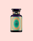 A dark glass bottle with a colorful gradient label reading "888: Lemon-Jasmine-Vanilla Herbal Tea" sits on a pale pink background. Infused with golden citrus tea abundance, the bottle features a black cap and gold accents.