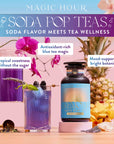 A vibrant ad spotlights the Ceremonial Soda Tea Bundle, showing a caffeine-free bottle next to a glass of blue tea and pink flowers. Text highlights “antioxidant-rich blue tea,” “tropical sweetness,” and “mood-supporting botanicals.”.