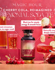 A vibrant display of Ceremonial Soda Tea Bundle bottles and glasses, surrounded by cherries, flowers, and hands holding drinks. Enjoy sweet cinnamon spice, black tea energy, and natural sweetness in every sip.