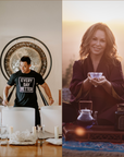 At Magic Hour Summer Soiree with Kyle Lam, a man fills the air indoors with a soothing sound bath on crystal singing bowls and gongs, while outside at sunset, a woman in a robe smiles as she enjoys tea from a teapot and cups set atop a patterned mat—making for the perfect evening event.