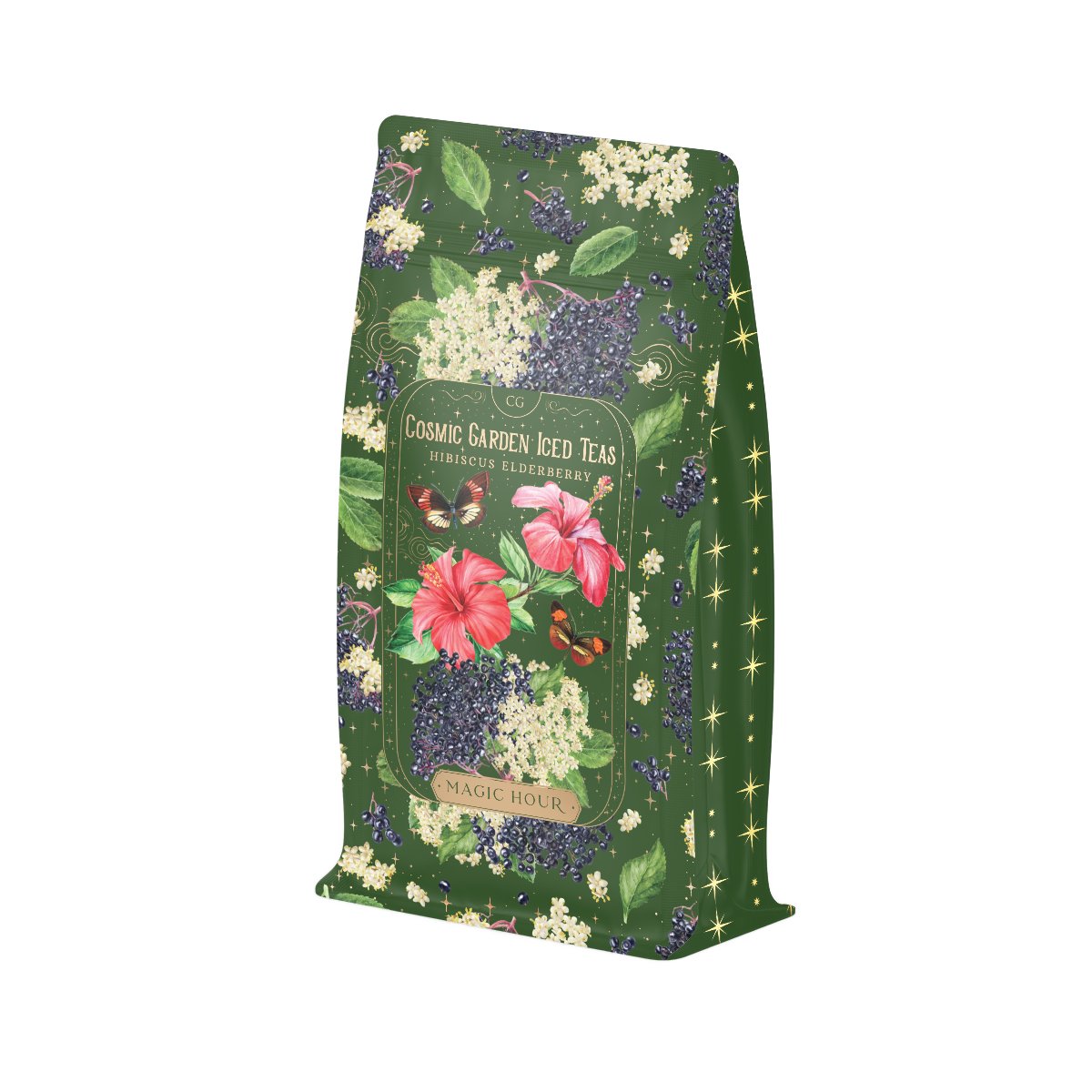 A green packet of Hibiscus Elderberry: Cosmic Garden Iced Tea by Magic Hour. The packaging is decorated with illustrations of hibiscus flowers, elderberry clusters, and butterflies. The text on the packet reads "Cosmic Garden Iced Teas Hibiscus Elderberry" and "Magic Hour." Enjoy this delightful organic tea blend.