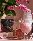 High Priestess Sample Tea Pouch with Pink Flowers and Glass Tea Cups