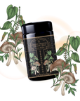 A black jar labeled "Lapsang Souchong Season Salt" features illustrated mushrooms and green leaves on a light background—perfect for seasoning mushrooms or adding a smoky twist to black tea.