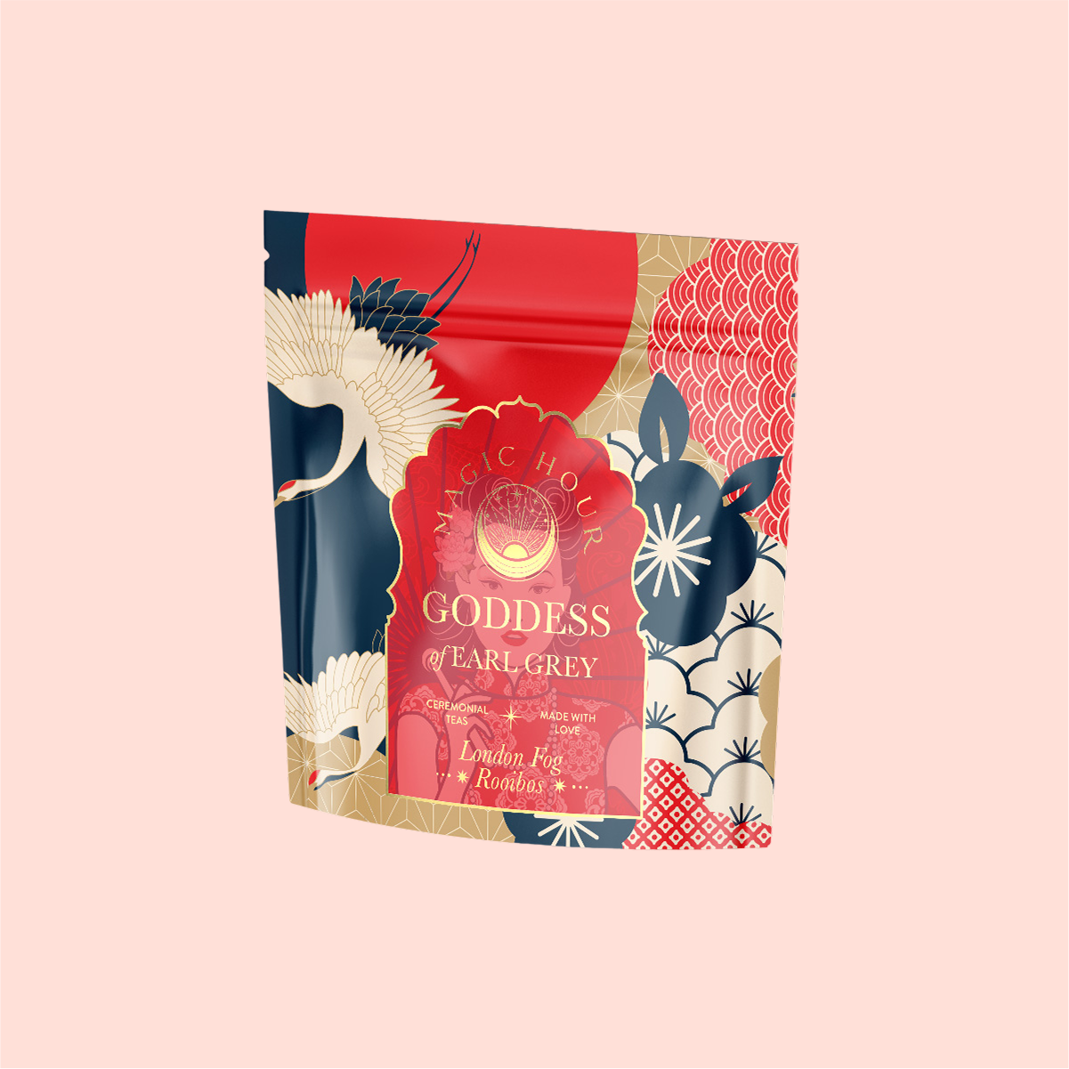 The "London Fog Rooibos" tea package is vibrant with cranes, stylized waves, and floral patterns in red, blue, and gold. It features rooibos and highlights "Caffeine-Free" and "Made with Love.